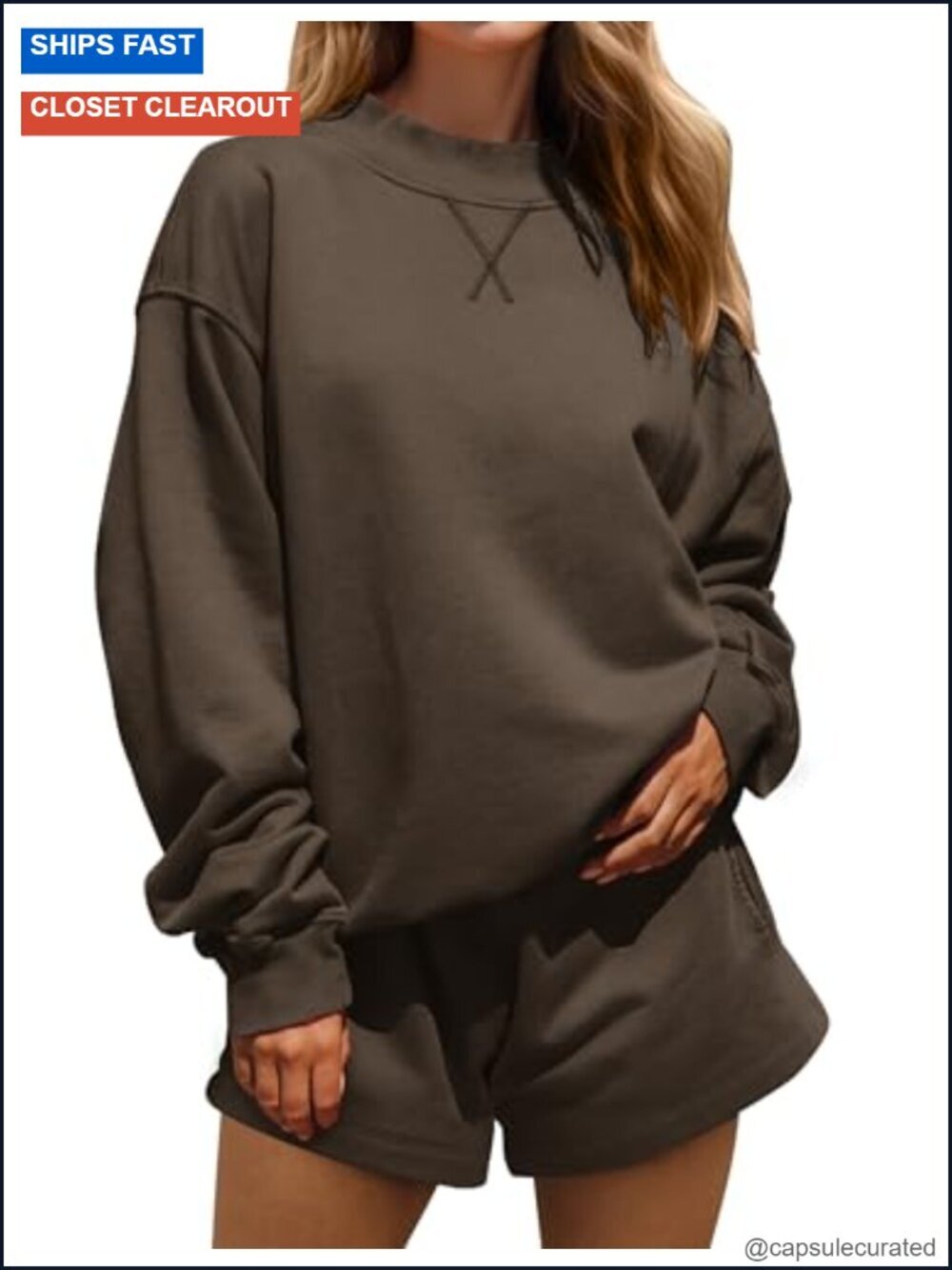 Mock Neck Oversized Sweatshirt & Sweat Shorts Lounge Set with Pockets